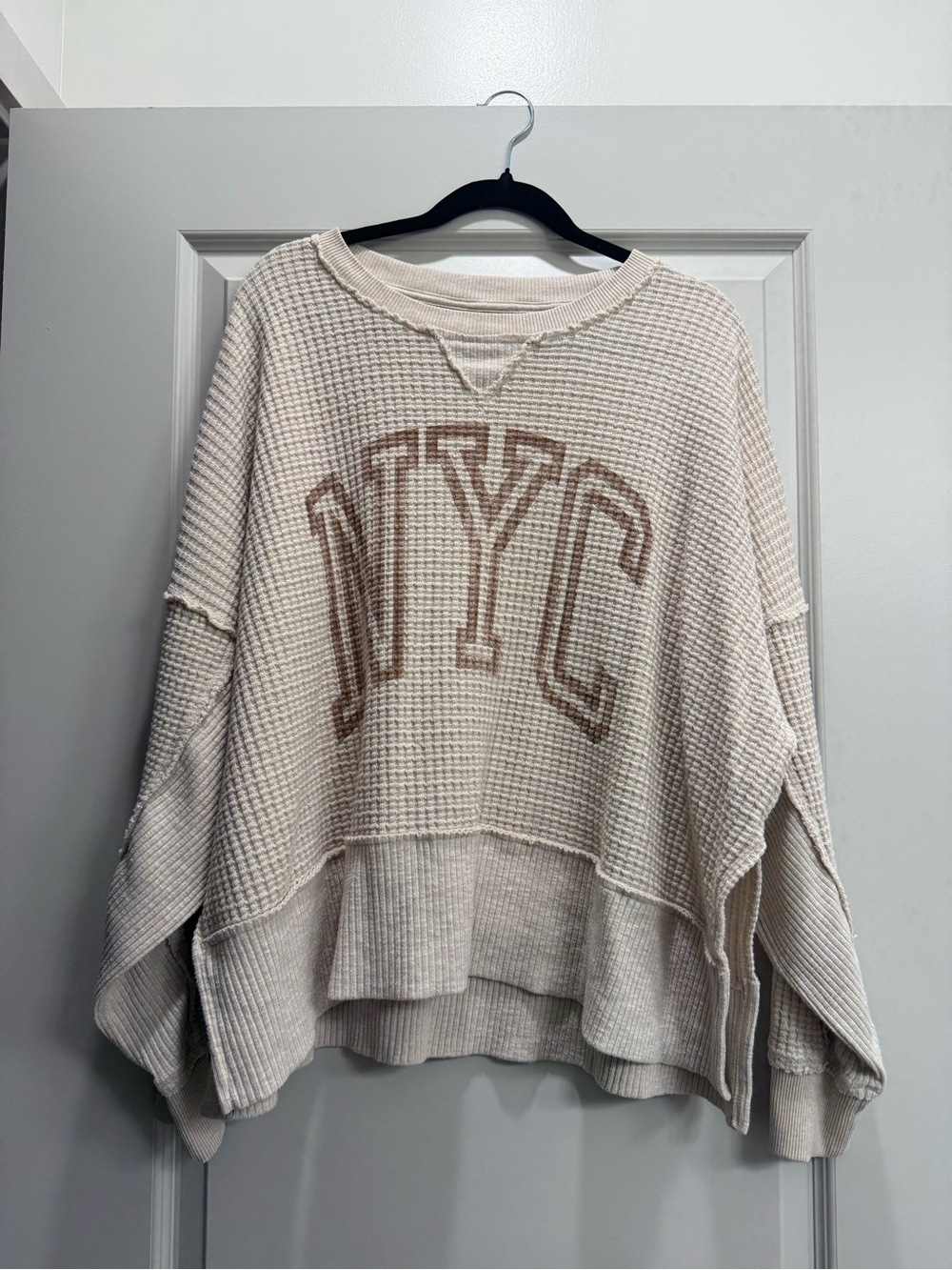 American Eagle Outfitters Cream Waffle-Knit Sweater with Brown NYC Lettering
